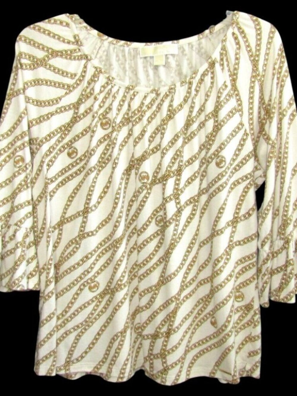 Michael Michael Kors Ivory Gold Chain MK Logo Top Womens Size L Bell Sleeves